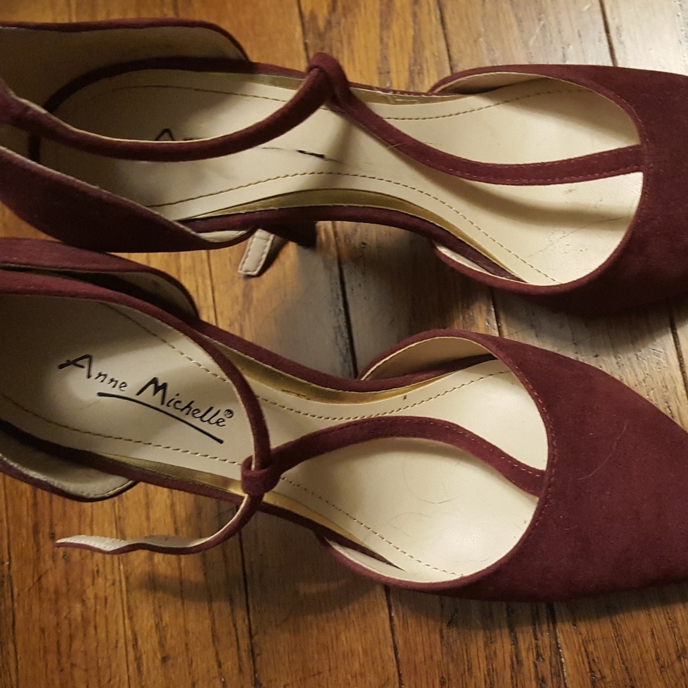 Faux-Suede T-Strap Burgundy Heels with Buckle